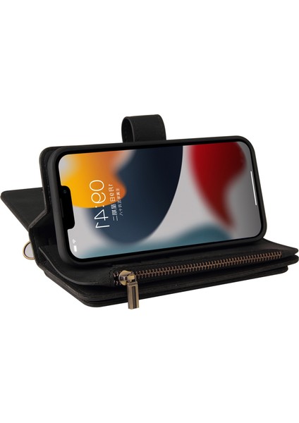 Apple iPhone 14 Telefon Kılıfı 6.1 Inç Çoklu Kart Yuvaları Stand Telefon Kılıfı Cilt Touch Pu Deri Kapak Fermuarlı Cep Cüzdan Black (Yurt Dışından)