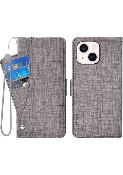 Apple iPhone 14 Telefon Kasası 6.1 Inç Jean Kumaş Doku Anti-Çizelge Anti Telefon Kılıfı Dönen Kartı Yuvası Tasarım Cüzdan Stili Deri Kapak Stand-Grey (Yurt Dışından)