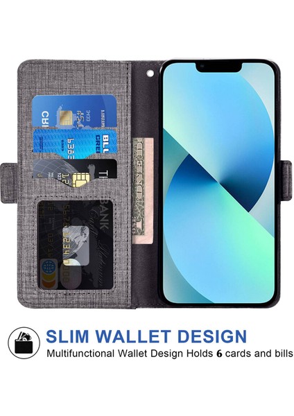 Apple iPhone 14 Telefon Kasası 6.1 Inç Jean Kumaş Doku Anti-Çizelge Anti Telefon Kılıfı Dönen Kartı Yuvası Tasarım Cüzdan Stili Deri Kapak Stand-Grey (Yurt Dışından) fiyatları