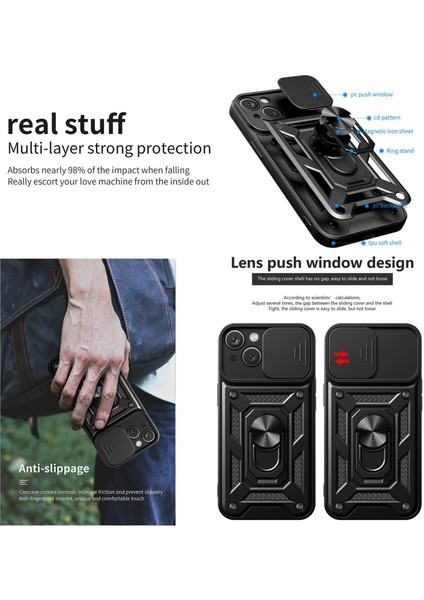 Apple iPhone 13 Telefon Kasası Anti-Fall Ring Tutucu Telefon Kılıfı 6.1 Inç Slayt Kamera Koruma Pc+Tpu Hibrid Telefon Kapağı Kömartılı Kickstand (Yurt Dışından)