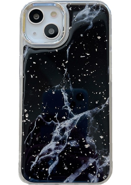 Apple iPhone 13 Telefon Kasası Epoksi Sert Akrilik+Tpu Telefon Kabuğu Elektrap Kaplama Mermer Desen Gümüş Folyo Telefon Kasa-Siyah (Yurt Dışından)