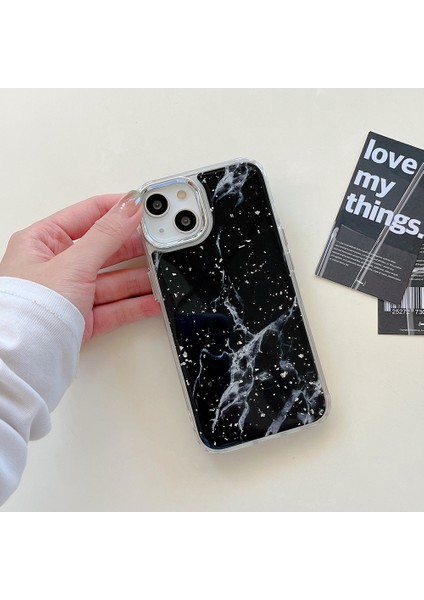 Apple iPhone 13 Telefon Kasası Epoksi Sert Akrilik+Tpu Telefon Kabuğu Elektrap Kaplama Mermer Desen Gümüş Folyo Telefon Kasa-Siyah (Yurt Dışından) modelleri