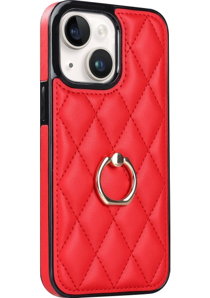 Apple iPhone 13 Telefon Kılıfı 6.1 Inç Pu Deri+Tpu Telefon Kılıfı Dikiş Rhombus Ring Tutucu Kickstand Telefon Kapak-Kırmızı (Yurt Dışından)