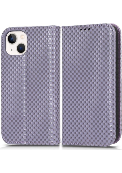 Apple iPhone 13 Telefon Kasası 6.1 Inç Anti-Çizik Pu Deri Standı Kasa Izgara Dokusu Manyetik Otomatik Emici Anti-Damla Telefon Cüzdanı Kabuk Işığı Mor (Yurt Dışından)