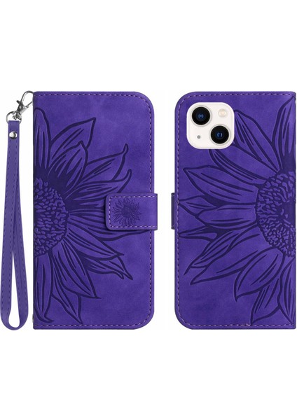 Apple iPhone 13 Telefon Kasası Için Flip Telefon Kasası 6.1 Inç HT04 Baskılı Ayçiçeği Stand Pu Deri Deri Touch Manyetik Cüzdan Kapağı Strap-Dark Mor ile (Yurt Dışından) fiyatları