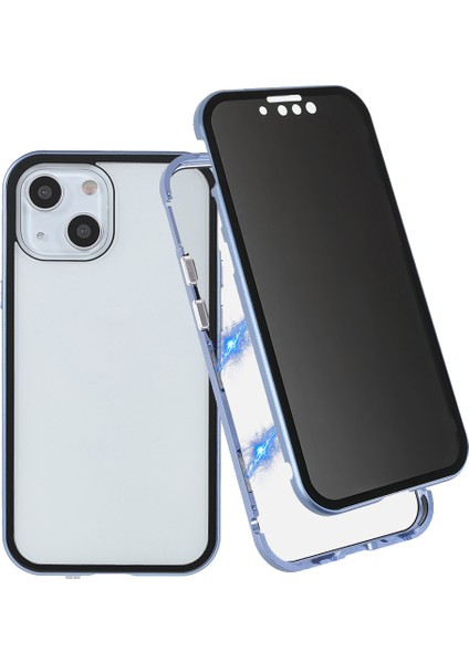 Apple iPhone 13 Telefon Kılıfı Için Gizlilik Korumalı 35 Derece Anti-Peep Güçlü Manyetik Metal Çerçeve+Çift Taraflı Temperli Cam Telefon Kılıfı 6.1 Inç-Mavi (Yurt Dışından)