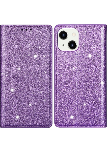 Apple iPhone 13 Telefon Kasası Için Manyetik Otomatik Emici Ultra Ince Flaş Tozu Deri Kasa, Kart Tutucusu ile 6.1 Inç-Mor (Yurt Dışından)