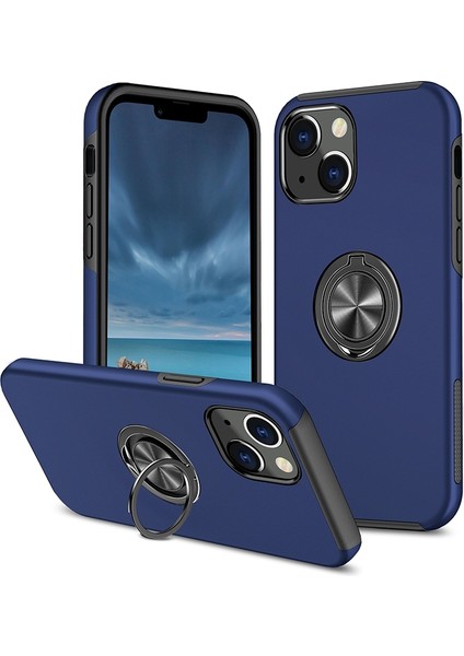 Apple iPhone 14 Telefon Kasası 6.1 Inç Sert Pc+Yumuşak Tpu Çift Katman Koruma Kılıfı Yüzük Araç Montaj Kickstand Koruyucu Telefon Kapak Mavisi (Yurt Dışından)