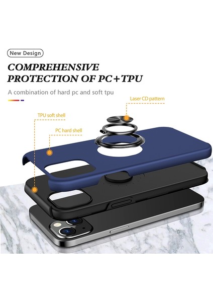 Apple iPhone 14 Telefon Kasası 6.1 Inç Sert Pc+Yumuşak Tpu Çift Katman Koruma Kılıfı Yüzük Araç Montaj Kickstand Koruyucu Telefon Kapak Mavisi (Yurt Dışından) fırsatları