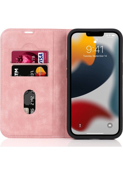 Apple iPhone 13 Telefon Kasası 6.1 Inç Pu Deri Kart Tutucu Telefon Kasası Rfıd Engelleme Standı Manyetik Otomatik Emici Anti-Damla Kapak-Pembe (Yurt Dışından) fiyatları