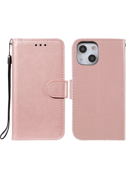 Apple iPhone 13 Telefon Kasası Için Düz Renkli Pu Deri Cüzdan Kasası Manyetik Kapanma Standı Özellik Flip Kapak Kayış 6.1 Inç-Rose Altın (Yurt Dışından)
