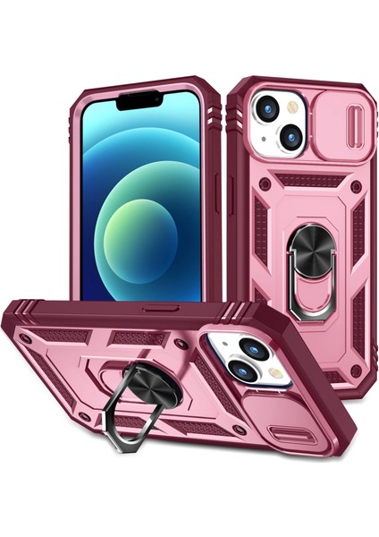 Apple iPhone 14 Telefon Kasası 6.1 Inç Pc+Tpu Kickstand Fonksiyon Anti-Giyim Önleyici Arka Kapak Kayar Kamera Lens Koruyucu Kasa, Kart Yuvası-Pembe Kırmızı (Yurt Dışından)