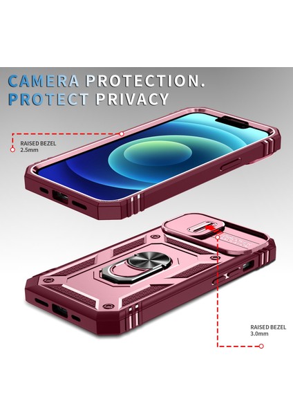 Apple iPhone 14 Telefon Kasası 6.1 Inç Pc+Tpu Kickstand Fonksiyon Anti-Giyim Önleyici Arka Kapak Kayar Kamera Lens Koruyucu Kasa, Kart Yuvası-Pembe Kırmızı (Yurt Dışından) fiyatları