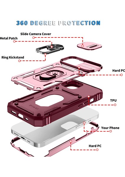 Apple iPhone 14 Telefon Kasası 6.1 Inç Pc+Tpu Kickstand Fonksiyon Anti-Giyim Önleyici Arka Kapak Kayar Kamera Lens Koruyucu Kasa, Kart Yuvası-Pembe Kırmızı (Yurt Dışından) modelleri