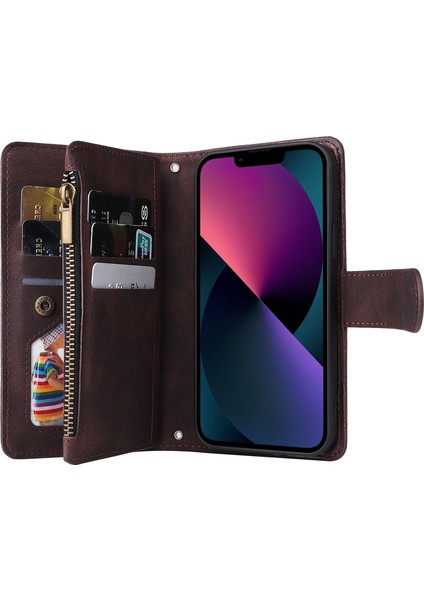 Apple iPhone 14 Telefon Kasası 6.1 Inç Damla Dayanıklı Cilt Touch Stripes Baskılı Deri Kapak Kartı Yuvaları Fermuar Cep-Kahverengi ile Flip Cüzdan Koruyucu Kılıf (Yurt Dışından)
