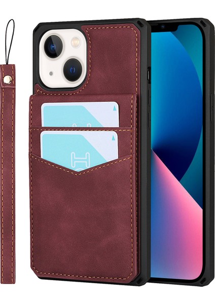 Apple iPhone 13 Telefon Kılıfı Dikey Flip Kart Yuvaları Tasarımı Kickstand 6.1 Inç-Kırmızı ile Tpu Telefon Kılıfı (Yurt Dışından)