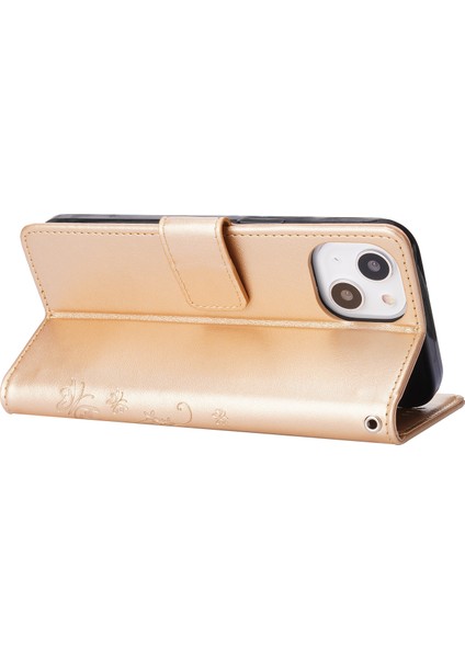 Apple iPhone 13 Telefon Kılıfı Için Kişiselleştirilmiş Pu Deri Kelebekler Desen Dışında Cüzdan Kart Yuvaları Telefon Stand Kılıfı 6.1 Inç-Altın (Yurt Dışından)