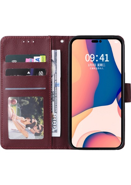 Apple iPhone 14 Telefon Kasası 6.1 Inç Düşüşe Dayanıklı Standı Kapak Folio Flip Deri Deri Cüzdan Cep Telefonu Kasa ile Landard-Dark Kırmızı (Yurt Dışından)