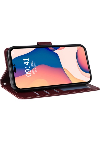 Apple iPhone 14 Telefon Kasası 6.1 Inç Düşüşe Dayanıklı Standı Kapak Folio Flip Deri Deri Cüzdan Cep Telefonu Kasa ile Landard-Dark Kırmızı (Yurt Dışından)
