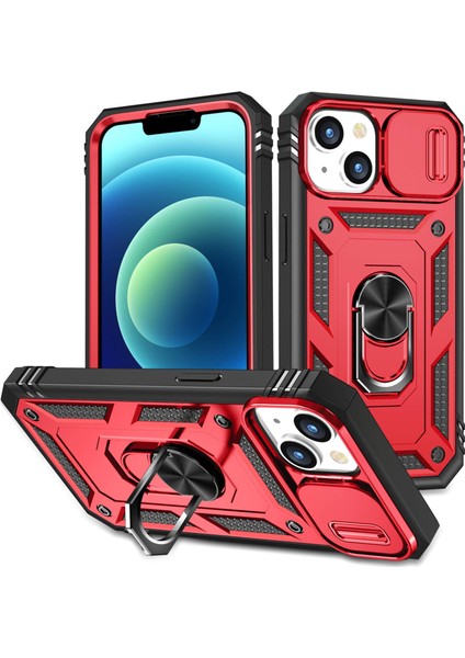Apple iPhone 14 Telefon Kasası 6.1 Inç Pc+Tpu Kickstand Fonksiyon Anti-Giyim Önleme Kapak Kart Yuvası-Kırmızı Siyah ile Kayar Kamera Lens Koruyucu Kasa (Yurt Dışından)