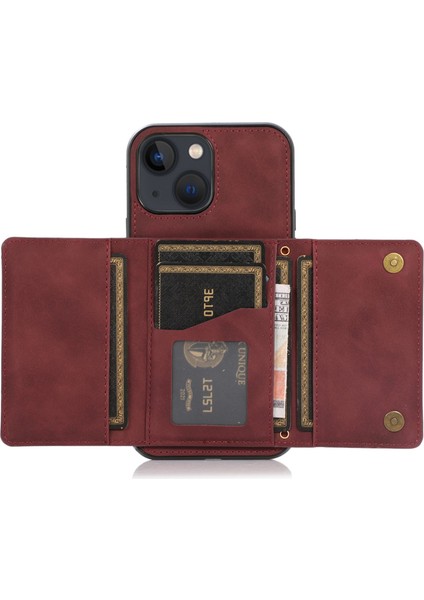 Apple iPhone 13 Telefon Kılıfı Için 6.1 Inç Tri Kart Tutucu Cüzdan Telefon Kickstand Cover Pu Deri+Tpu Şok Geçirmez Kasa-Kırmızı (Yurt Dışından) fırsatları