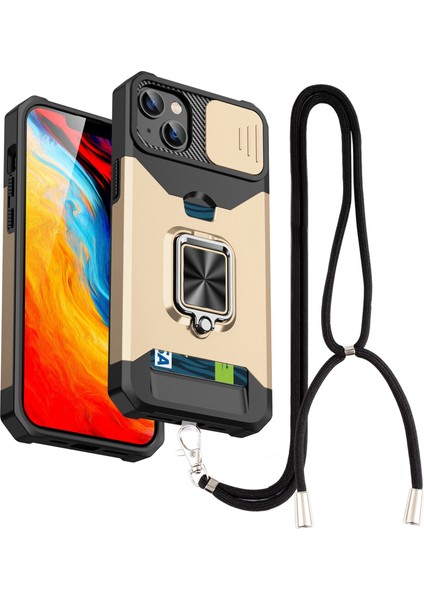 Apple iPhone 13 Telefon Kasası 6.1 Inç Kart Sahibi Telefon Kabuğu Sabit Pc+Tpu Kickstand Telefon Kılıfı ve Kayış ve Slayt Kamera Kapağı Altın (Yurt Dışından)
