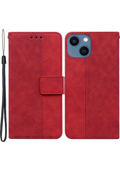 Apple iPhone 13 Telefon Kasası 6.1 Inç Pu Deri Cüzdan Flip Kapak Standı Işlevi Geometri Strap-Red ile Baskı Folio Koruyucu Kılıf (Yurt Dışından)