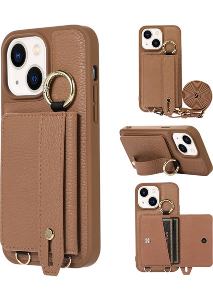 Apple iPhone 13/14 Telefon Kılıfı Deri+Tpu Kapak 6.1 Inç Kart Tutucu El Kayışı Kickstand Telefon Kılıfı Omuz Kayışı Kahverengi (Yurt Dışından) fiyatları