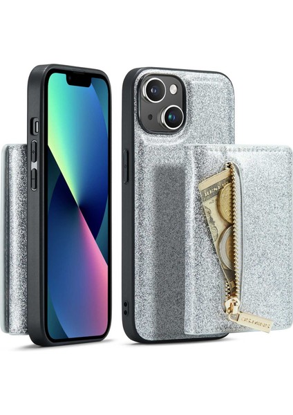 Apple iPhone 13 Telefon Kılıfı Manyetik Telefon Kapağı 6.1 Inç Anti-Drop 2'si 1 Arada Parçalanabilir Fermuarlı Cüzdan Telefon Kılıfı Kickstand-Silver (Yurt Dışından)