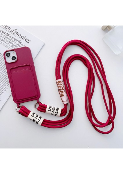 Apple iPhone 13 Telefon Kılıfı Için 6.1 Inç Sıvı Silikon Kart Yuvası Telefon Kılıfı Çizgiye Döküm Anti Şok Geçirmez Kapak Uzun Strap-Dark Kırmızı (Yurt Dışından) fırsatları