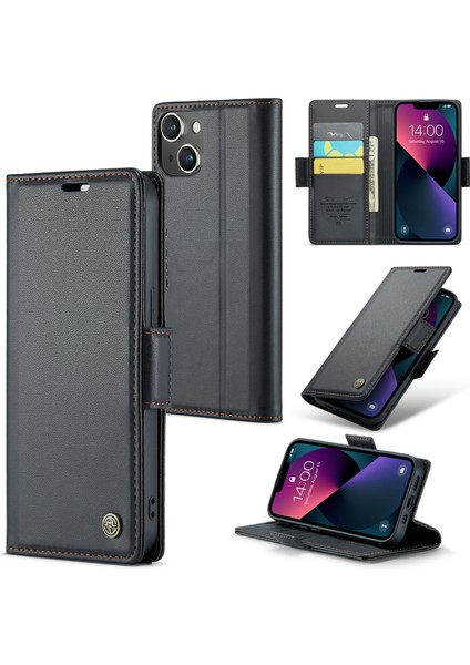 Apple iPhone 13 Için 6.1 Inç Litchi Doku Telefon Kılıfı Rfıd Blowıng Cül Stand Pu Deri Kapak Black (Yurt Dışından)
