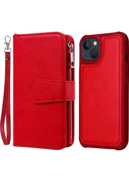 Apple iPhone 13 Telefon Kasası Için Çıkarılabilir 2'si 1 Arada Tasarım Pu Deri Tpu Telefon Kaplama Kasa Cüzdan Standı Kabuğu 6.1 Inç-Kırmızı (Yurt Dışından)