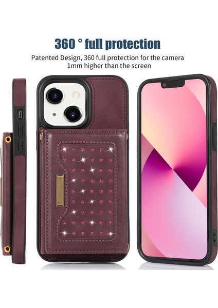 Apple iPhone 13 Telefon Kasası Rfıd Engelleme Telefon Kılıfı 6.1 Inç Rhinestone Dekor Tri-Kat Cüzdan Kickstand Pu Deri Kaplı Tpu Kapak Omuz Kayış Kırmızısı (Yurt Dışından) fiyatları