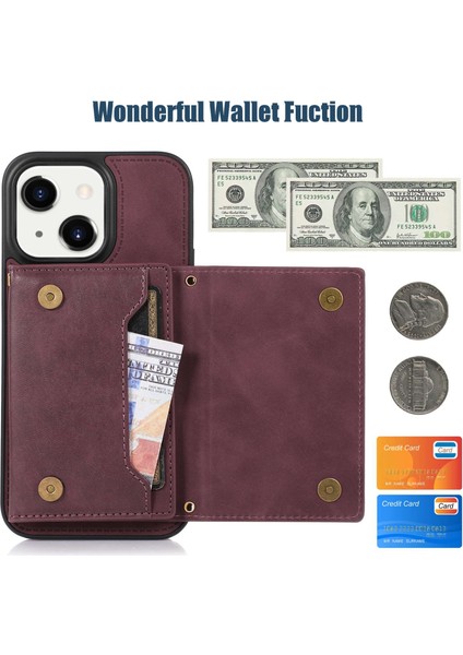 Apple iPhone 13 Telefon Kasası Rfıd Engelleme Telefon Kılıfı 6.1 Inç Rhinestone Dekor Tri-Kat Cüzdan Kickstand Pu Deri Kaplı Tpu Kapak Omuz Kayış Kırmızısı (Yurt Dışından) fırsatları