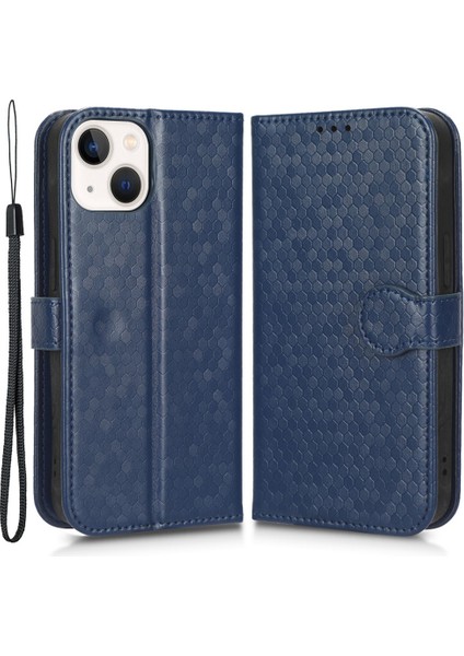 Apple iPhone 13 Telefon Kasası 6.1 Inç Tam Sarılmış Stant Cüzdanı Kılıfı Nokta Desen Baskılı Tpu+Pu Deri Folio Flip Kabuk-Sapfire (Yurt Dışından)