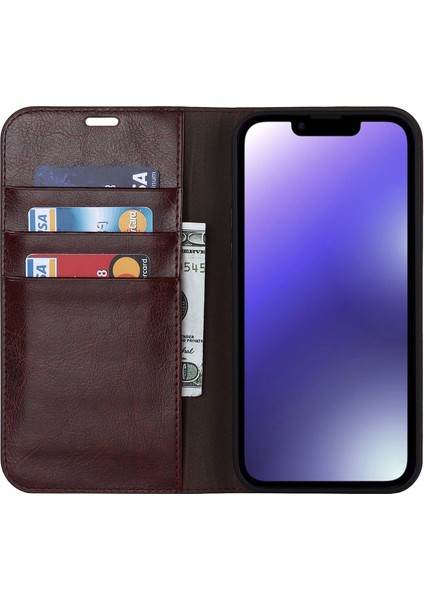 Apple iPhone 14 Telefon Kasası 6.1 Inç Gerçek Deri Manyetik Emilim Telefon Kasası Çılgın At Dokusu Şok Geçirmez Tpu Iç Kabuk Flip Stant Cüzdan Kapağı-Karanlık Kahverengi (Yurt Dışından) fiyatları