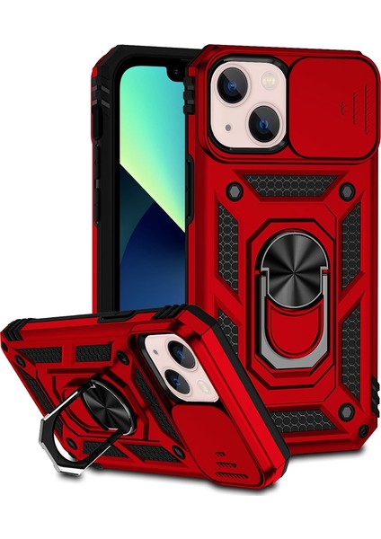 Apple iPhone 13 Telefon Kasası 6.1 Inç Anti-Çizik Cep Telefonu Kasası Yüzüğü Kickstand Hibrid Pc+Tpu Kabuklu Slayt Kamera Koruması Kapak-Kırmızı (Yurt Dışından)