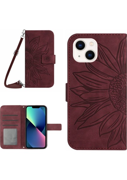 Apple iPhone 13 Telefon Kasası 6.1 Inç HT04 Baskılı Ayçiçeği Cilt Touch Pu Deri+Tpu Kılıf Stand Stand Cüzdan Telefon Kapağı Omuz Kayış-Karanlık Kırmızı (Yurt Dışından)