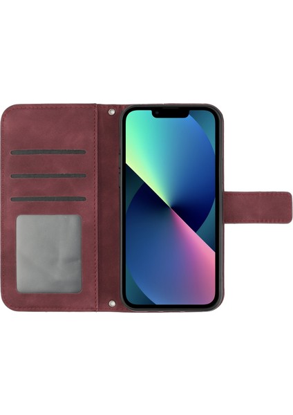 Apple iPhone 13 Telefon Kasası 6.1 Inç HT04 Baskılı Ayçiçeği Cilt Touch Pu Deri+Tpu Kılıf Stand Stand Cüzdan Telefon Kapağı Omuz Kayış-Karanlık Kırmızı (Yurt Dışından) fırsatları