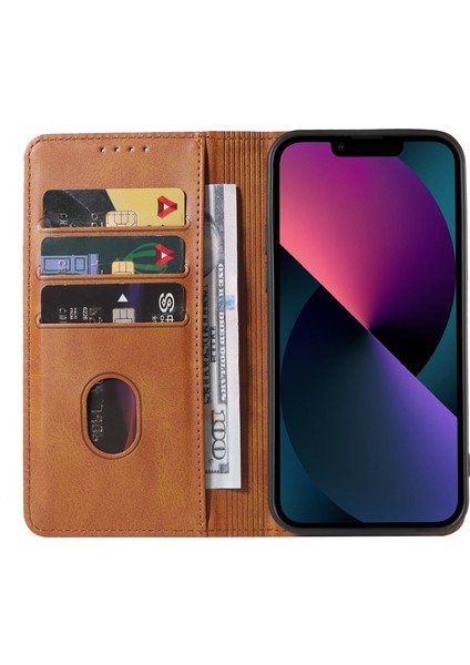 Apple iPhone 13 Için 6.1 Inç Deri Stand Telefon Kasası Buzağı Doku Cüzdan Manyetik Cep Telefonu Kapak-Khaki (Yurt Dışından)