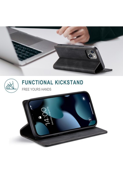 Rfıd Engelleme Retro Mat Otomatik Absorbed Deri Cüzdan Stand Telefon Kapağı Apple iPhone 13 6.1 Inç-Black (Yurt Dışından)