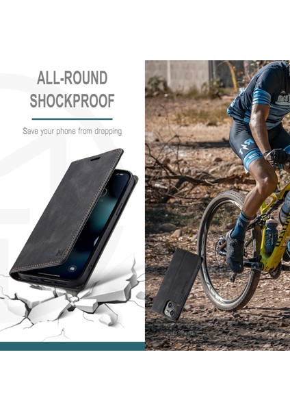 Rfıd Engelleme Retro Mat Otomatik Absorbed Deri Cüzdan Stand Telefon Kapağı Apple iPhone 13 6.1 Inç-Black (Yurt Dışından)