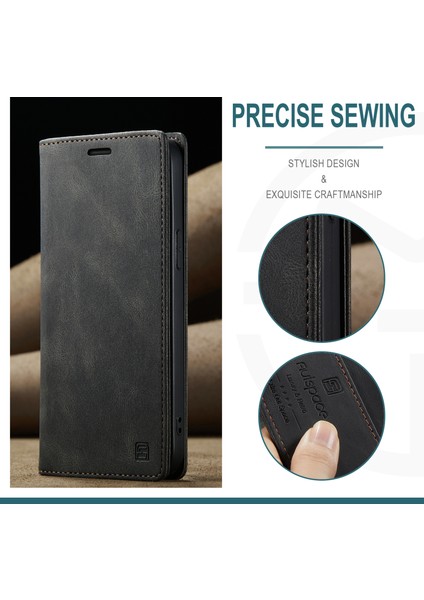 Rfıd Engelleme Retro Mat Otomatik Absorbed Deri Cüzdan Stand Telefon Kapağı Apple iPhone 13 6.1 Inç-Black (Yurt Dışından)