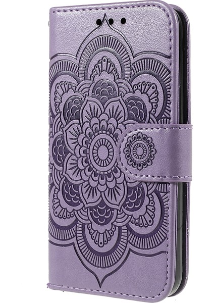 Apple iPhone 13 Telefon Kasası Için Mandala Çiçek Pu Deri Telefon Stand Kapağı Cüzdan Kılıfı Strap 6.1 Inç-Mor (Yurt Dışından)