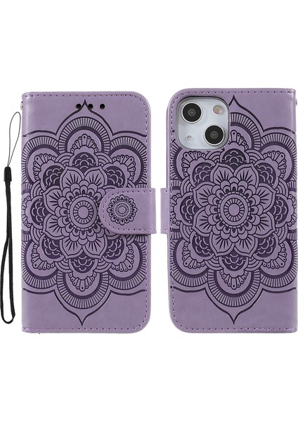 Apple iPhone 13 Telefon Kasası Için Mandala Çiçek Pu Deri Telefon Stand Kapağı Cüzdan Kılıfı Strap 6.1 Inç-Mor (Yurt Dışından) fiyatları