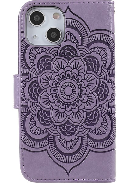 Apple iPhone 13 Telefon Kasası Için Mandala Çiçek Pu Deri Telefon Stand Kapağı Cüzdan Kılıfı Strap 6.1 Inç-Mor (Yurt Dışından) modelleri