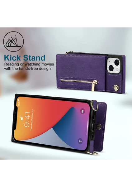 Apple iPhone 13 Telefon Kasası Pu Deri Kickstand Telefon Kabuğu Anti-Fall Omuz Çantası Fermuarlı Cüzdan Torbası Omuz Kayışı 6.1 Inç-Mor (Yurt Dışından) fırsatları