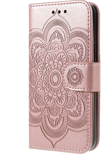 Apple iPhone 13 Telefon Kasası Için Mandala Çiçek Pu Deri Telefon Stand Kapağı Cüzdan Kılıfı Kayış 6.1 Inç-Rose Gold (Yurt Dışından)
