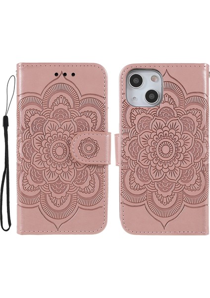 Apple iPhone 13 Telefon Kasası Için Mandala Çiçek Pu Deri Telefon Stand Kapağı Cüzdan Kılıfı Kayış 6.1 Inç-Rose Gold (Yurt Dışından) fiyatları