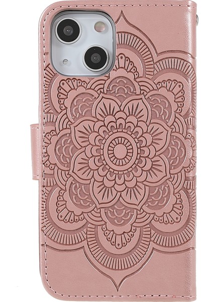 Apple iPhone 13 Telefon Kasası Için Mandala Çiçek Pu Deri Telefon Stand Kapağı Cüzdan Kılıfı Kayış 6.1 Inç-Rose Gold (Yurt Dışından) modelleri